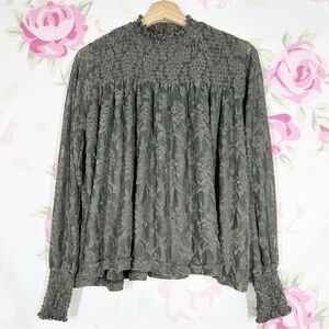 Anthropologie Deletta Gray Smocked Textured Ruffled Lace Blouse S